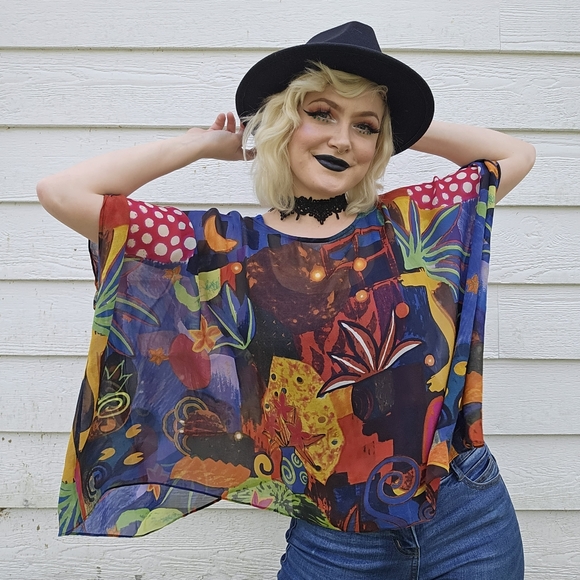 Chico's Rainbow Abstract Vintage Y2k Silk Flowy Top - Picture 8 of 11